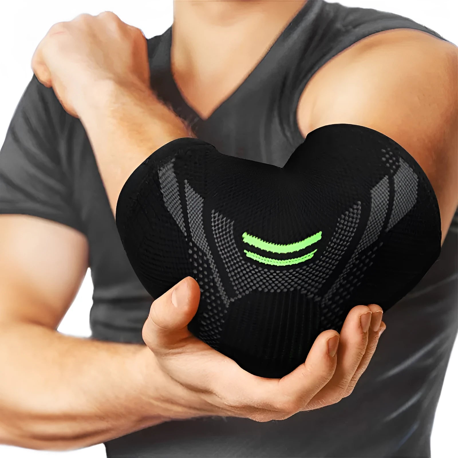 Black elbow support compression sleeve with anti-slip technical knit design on a neutral background