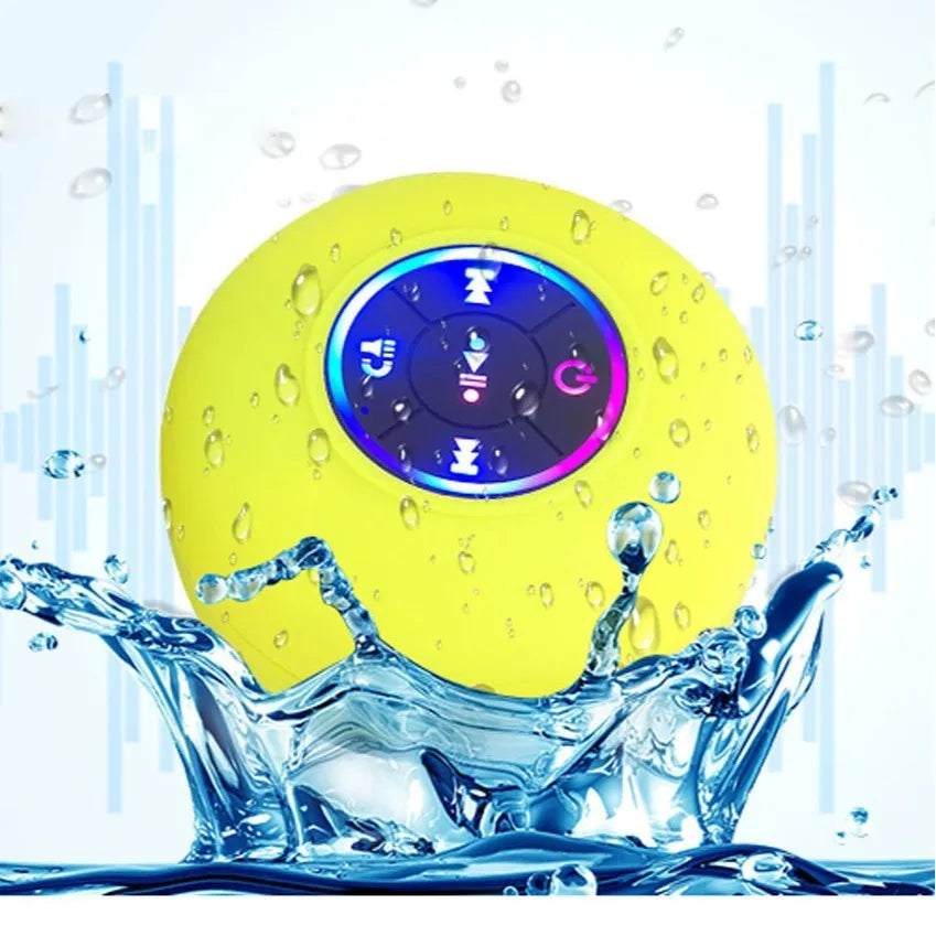 Waterproof Bluetooth speaker with large suction cup base and LED light in six colour options