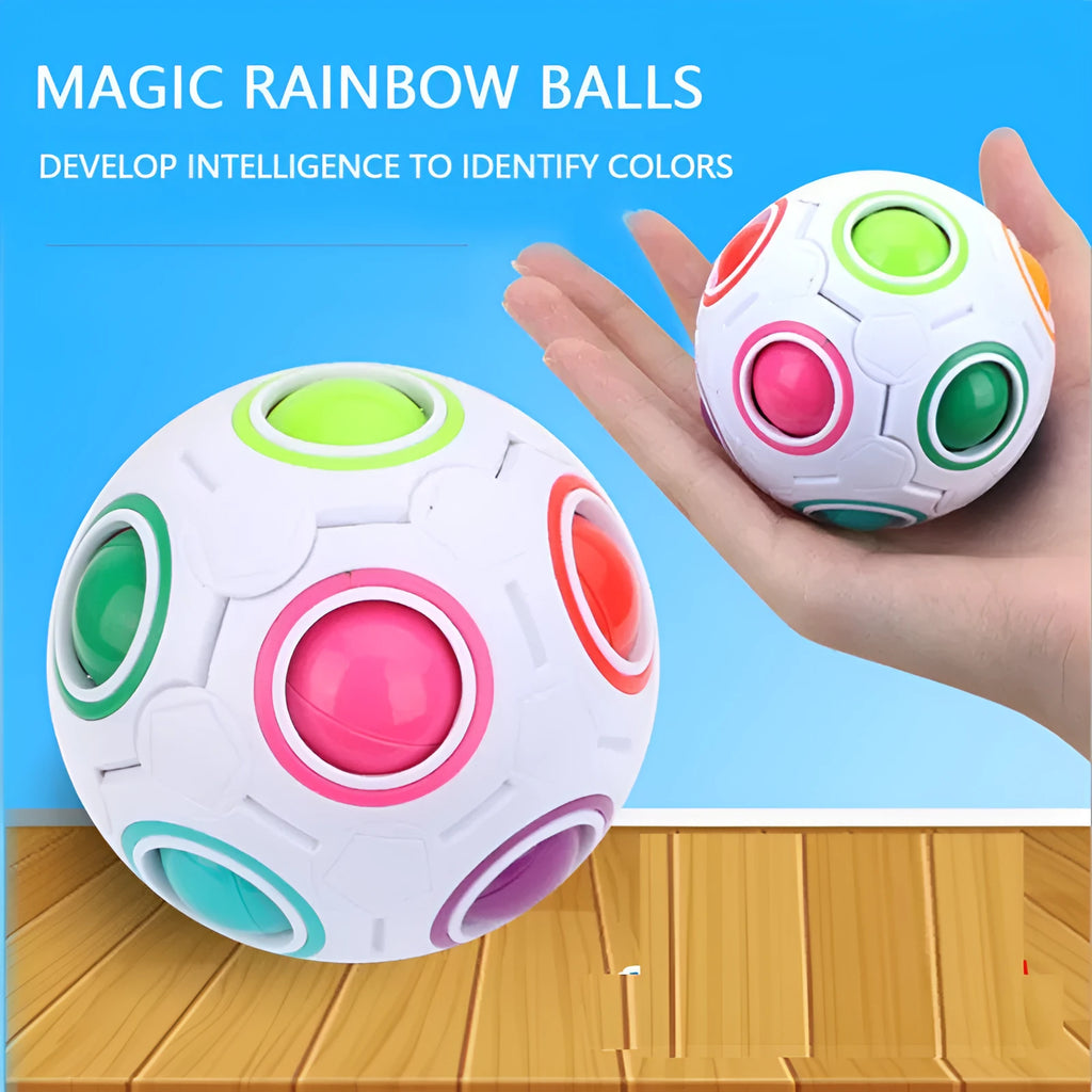 7cm diameter rainbow coloured ball puzzle with visible holes and internal movable balls