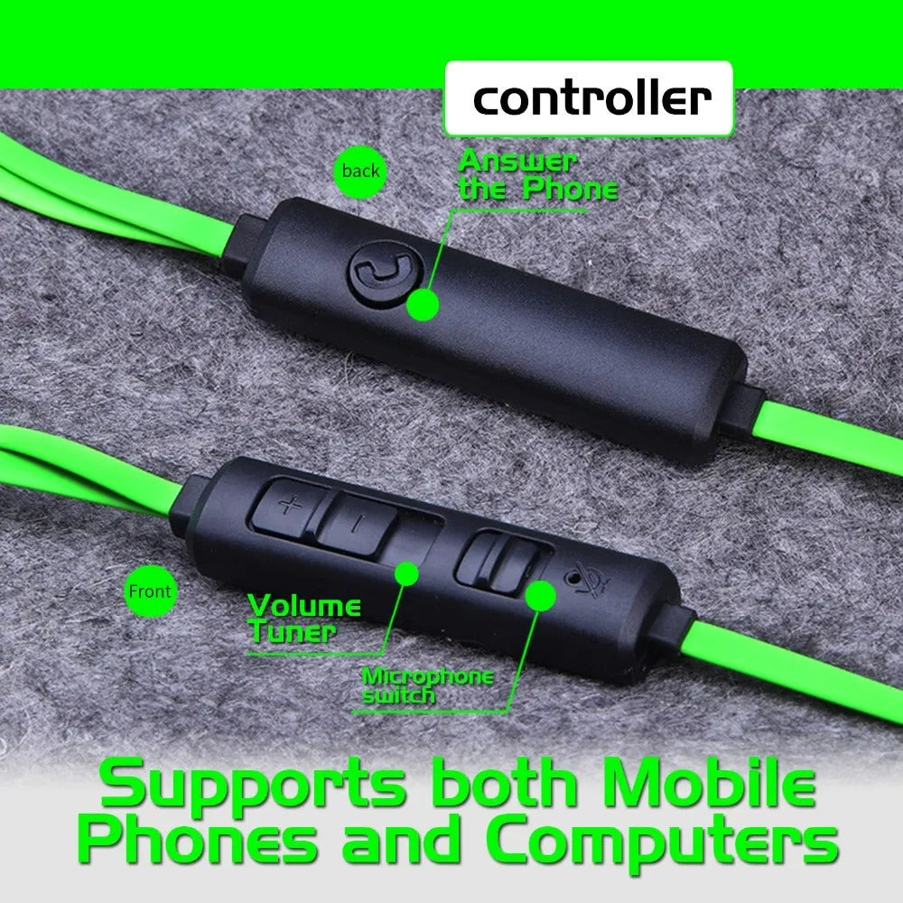 Shuangmai wired in-ear computer gaming headset in black, green, and red with short cable