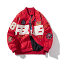 Black motorcycle couple baseball jacket with detachable hood and side seam pockets