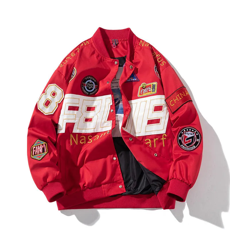 Black motorcycle couple baseball jacket with detachable hood and side seam pockets