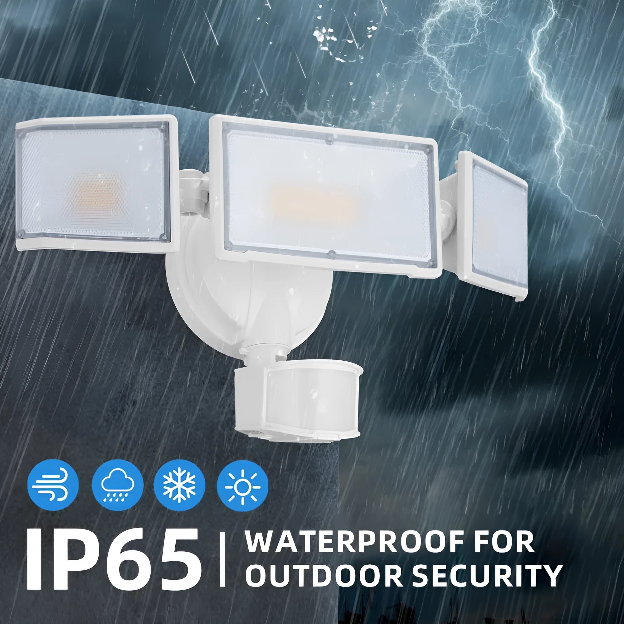 White or black 120V LED security flood light with motion sensor for outdoor wall or ceiling mounting.