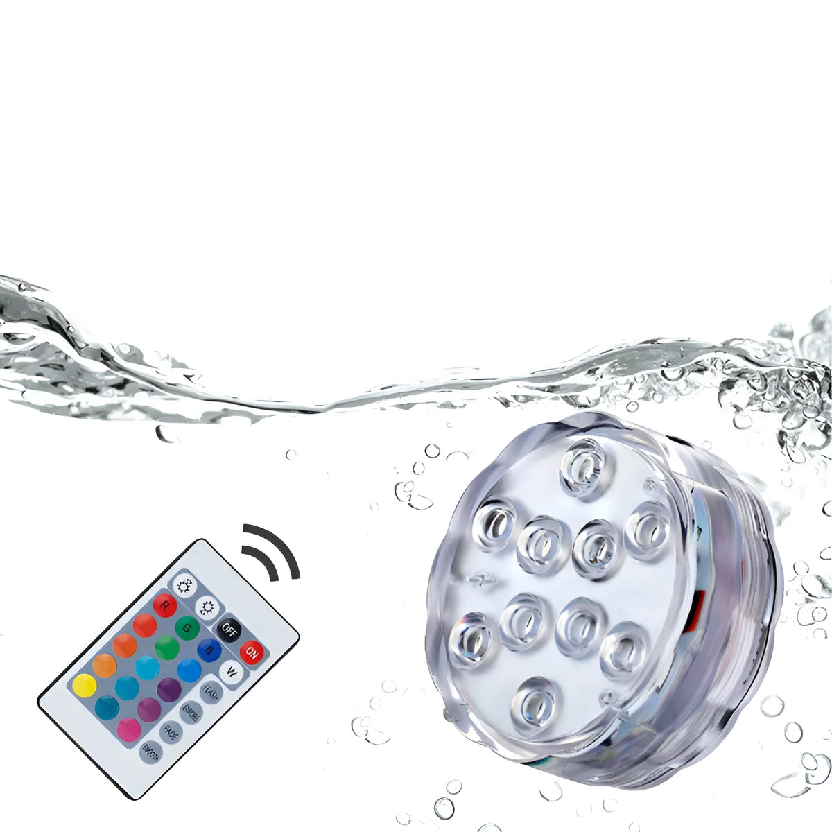 IP68 waterproof LED remote control diving light with 16 colour modes placed in a glass vase of water