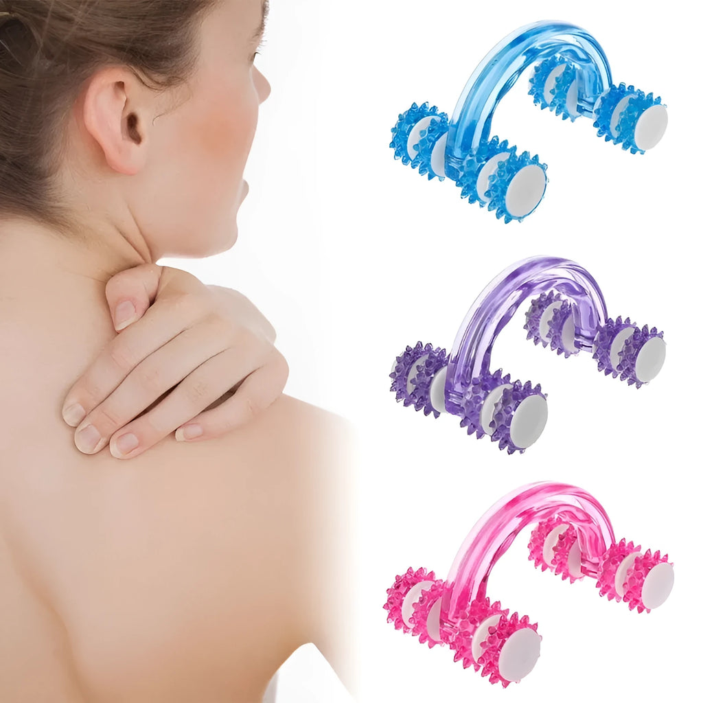Eight roller wheel plastic body massager, 13x9cm, red blue purple, ergonomic handle