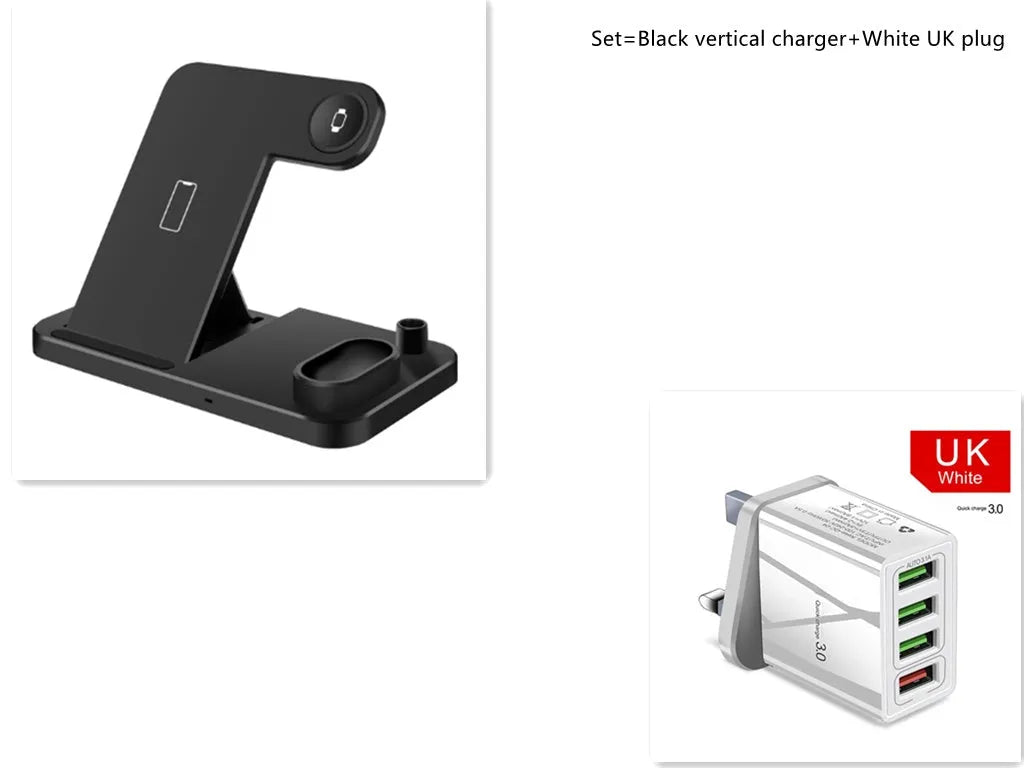 4-in-1 adjustable wireless charging station charging a phone, Apple Watch, and AirPods.