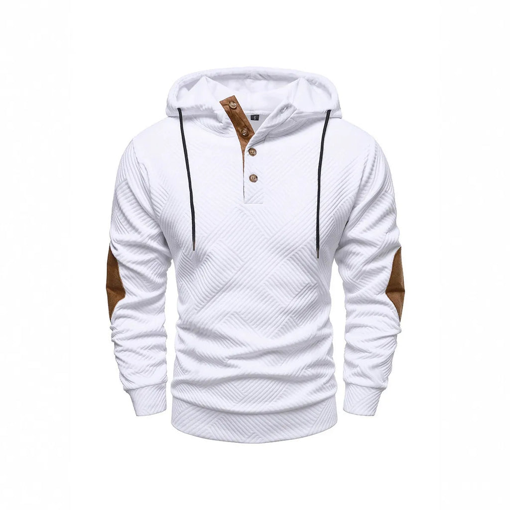 Men's loose hooded polyester fibre pullover in apricot colour, long sleeves, casual style