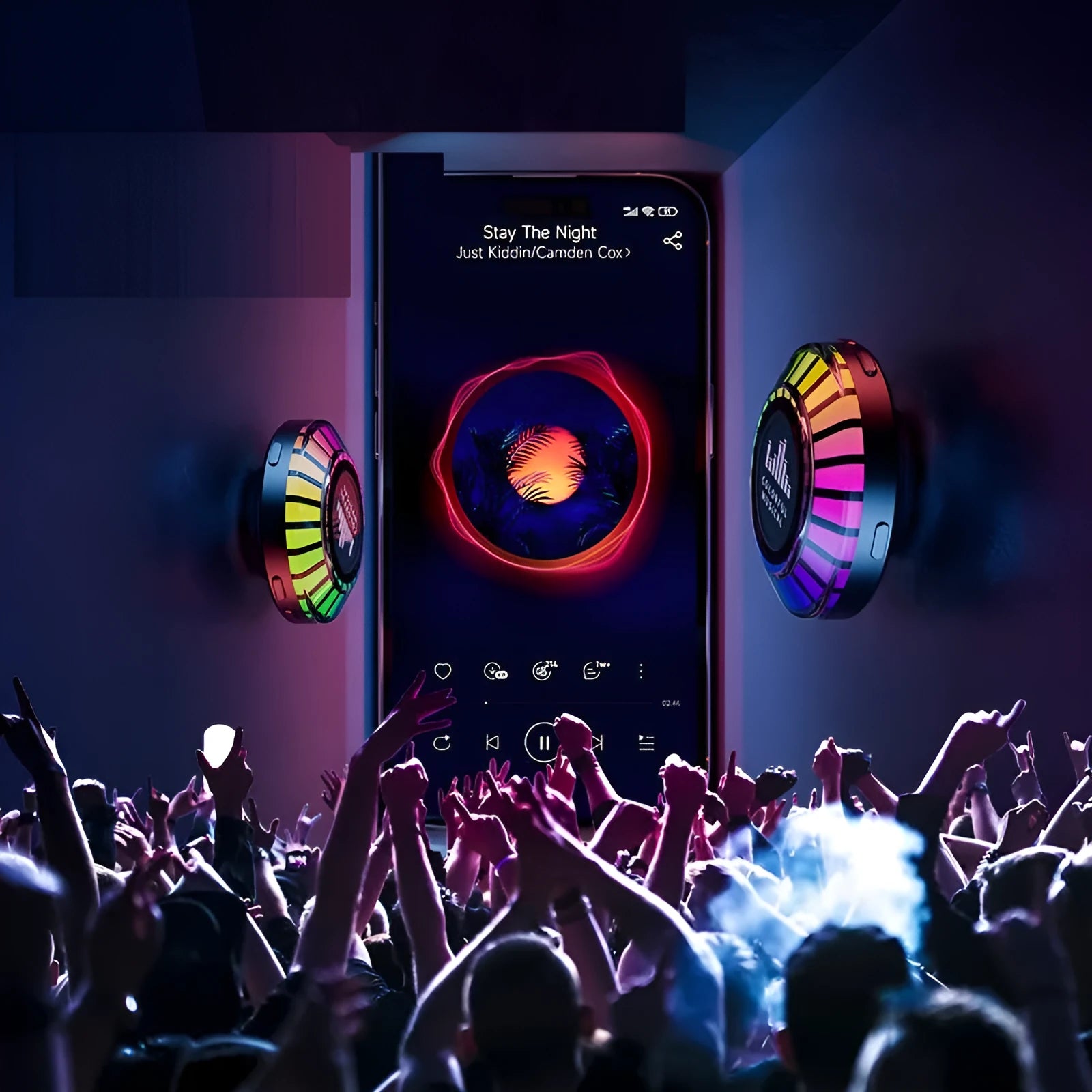 Small white cube-shaped voice control Bluetooth ambience lamp projecting polar light pattern.