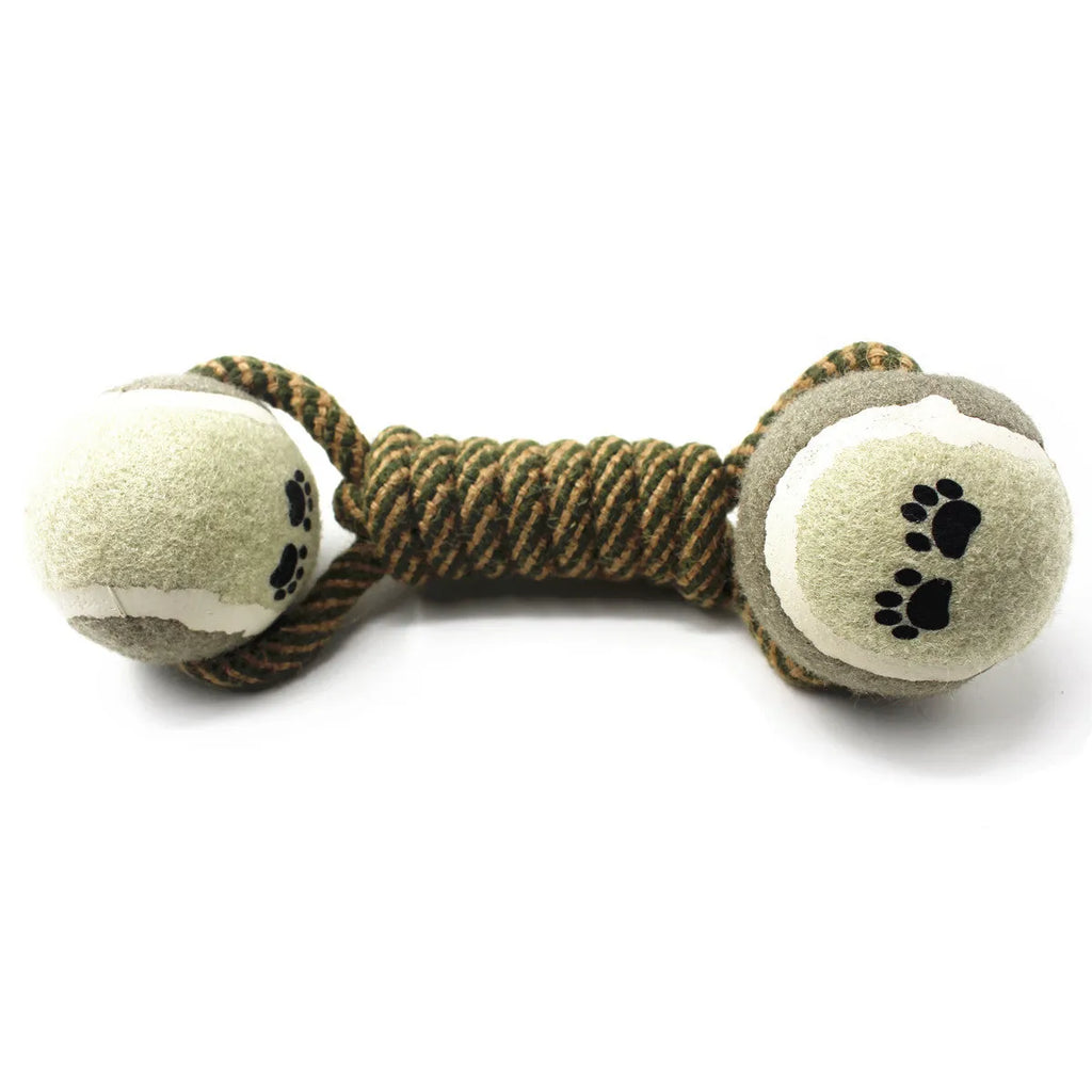 Cotton rope tennis dumbbell dog toy in khaki, 25cm long with a 6.5cm rubber ball centre