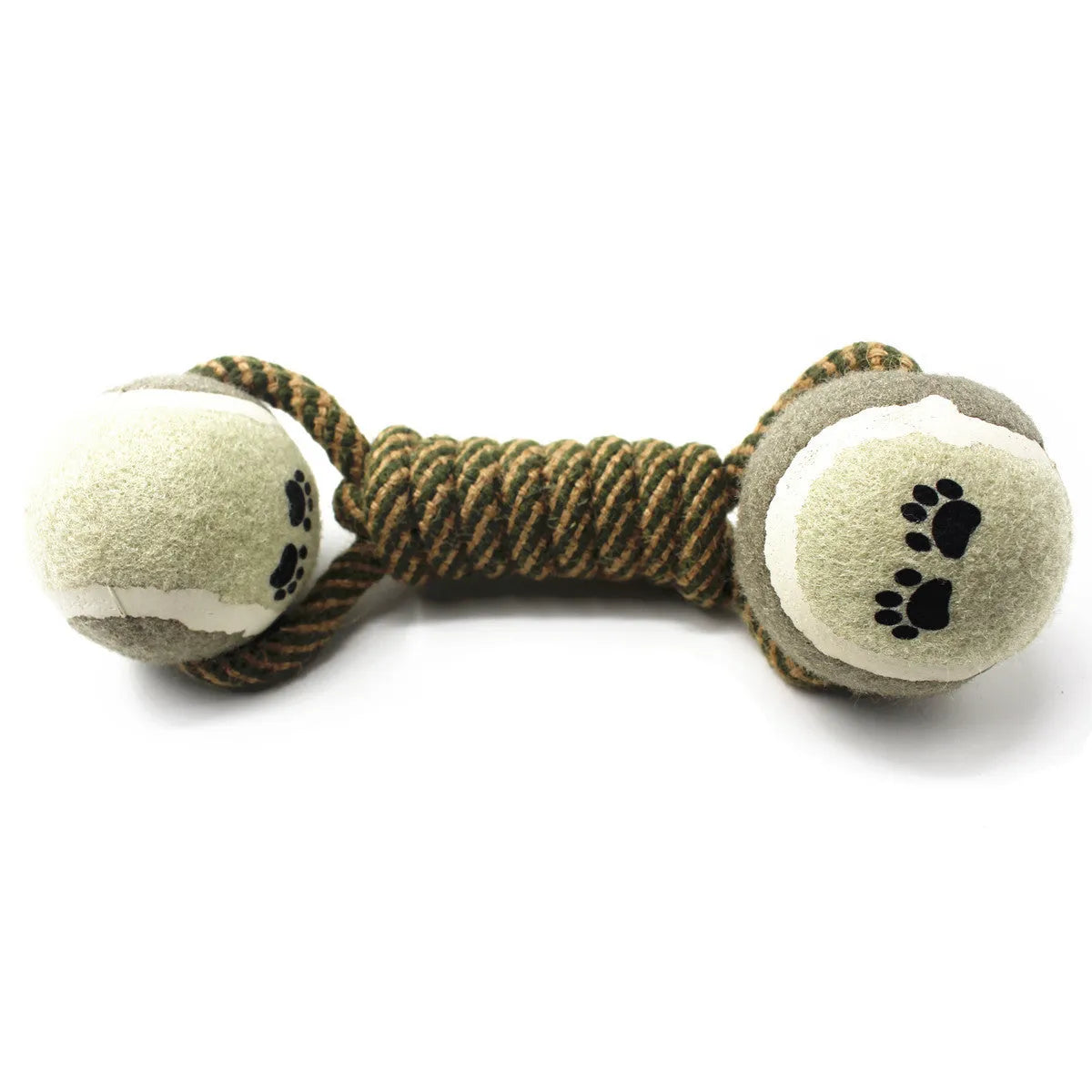 Cotton rope tennis dumbbell dog toy in khaki, 25cm long with a 6.5cm rubber ball centre