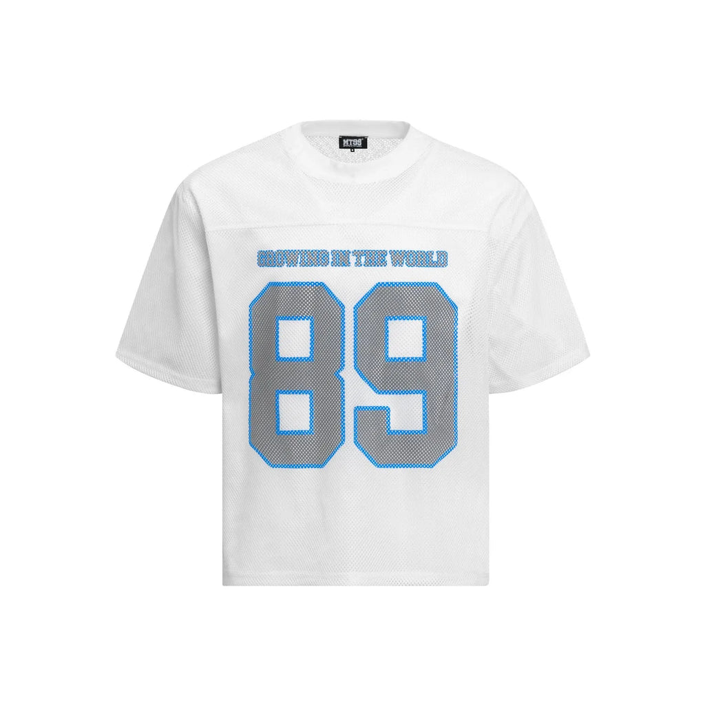 Black loose-fit casual T-shirt with white alphanumeric print design on front