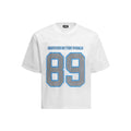 Black loose-fit casual T-shirt with white alphanumeric print design on front