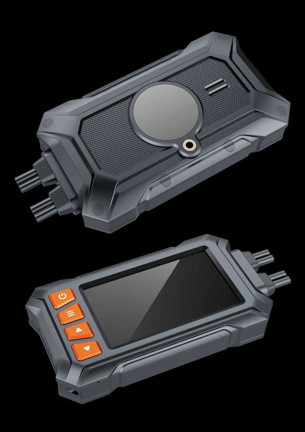 Motorcycle dual lens GPS tachograph recorder with waterproof host unit and mounting accessories.