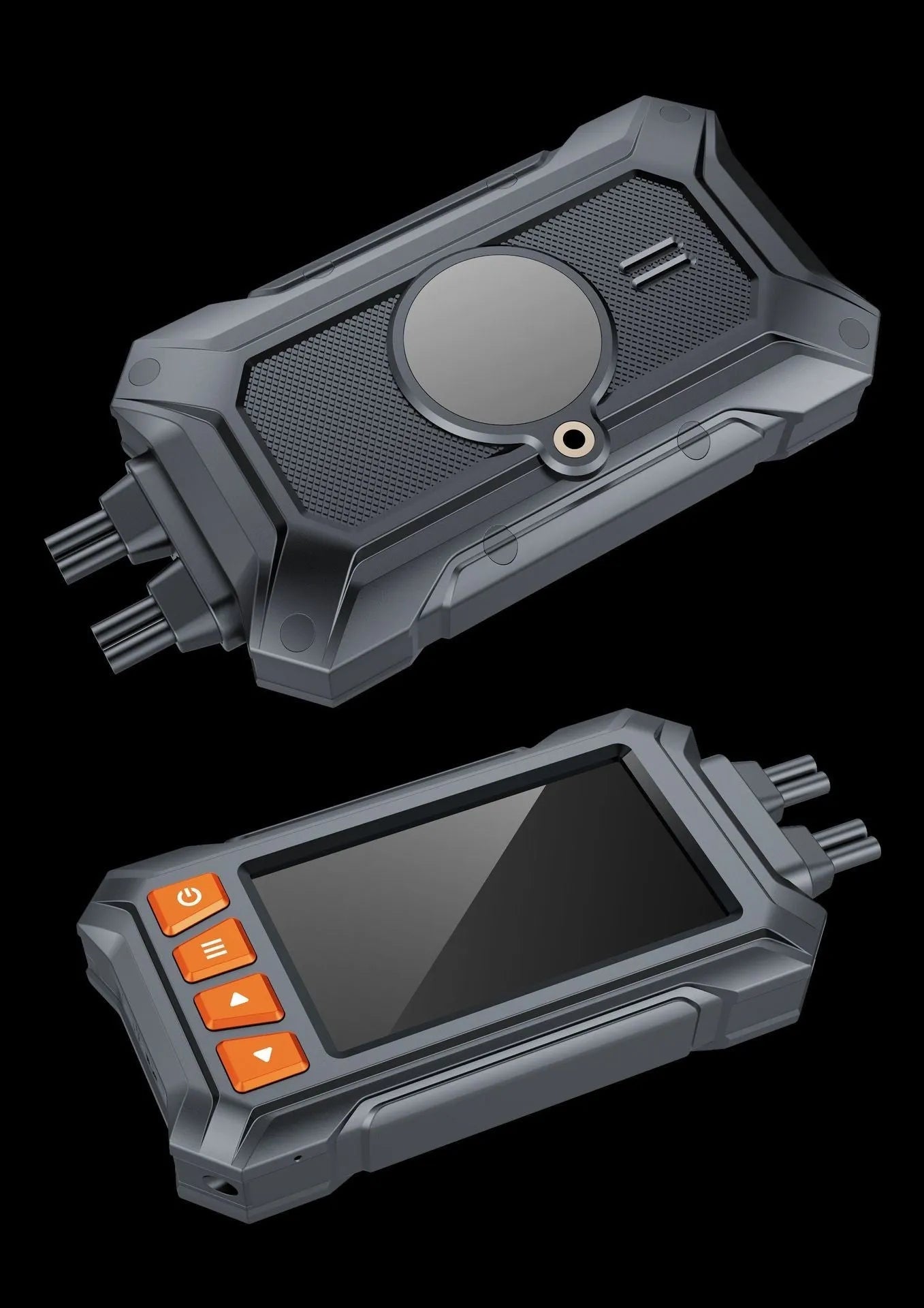 Motorcycle dual lens GPS tachograph recorder with waterproof host unit and mounting accessories.
