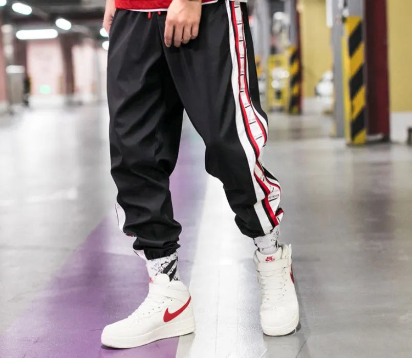 Cotton harem jogger with belt, stripe pattern, black blue nine length pants for men