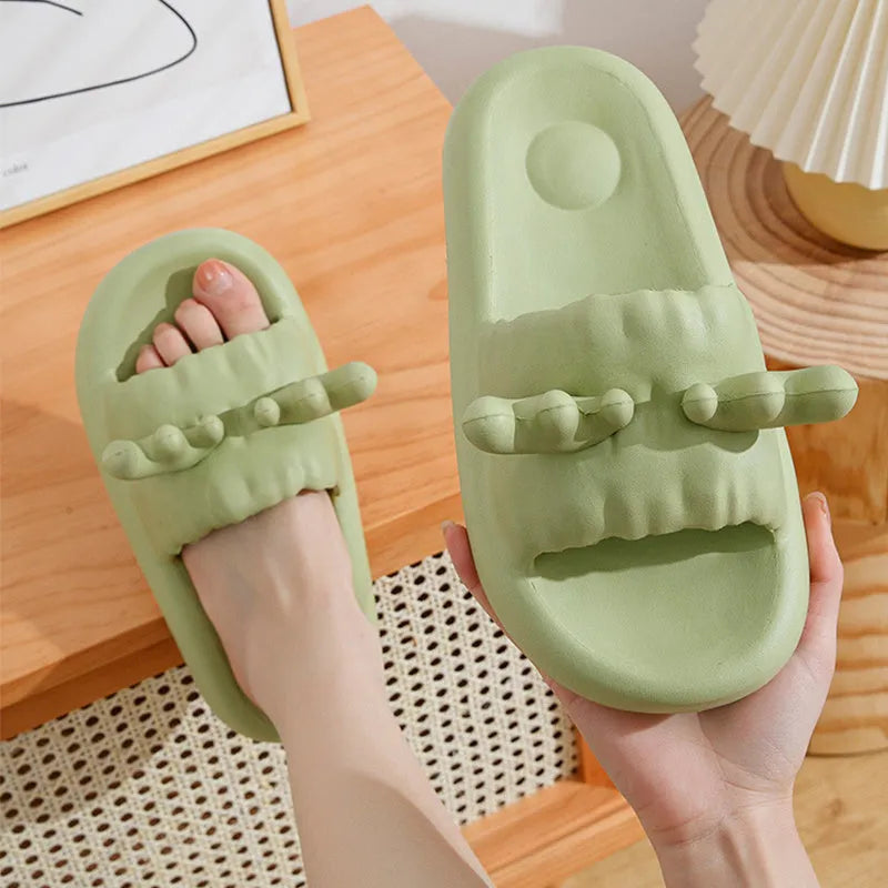Cute deer horn design flip flop slippers in light yellow with a breathable hollow out EVA upper.