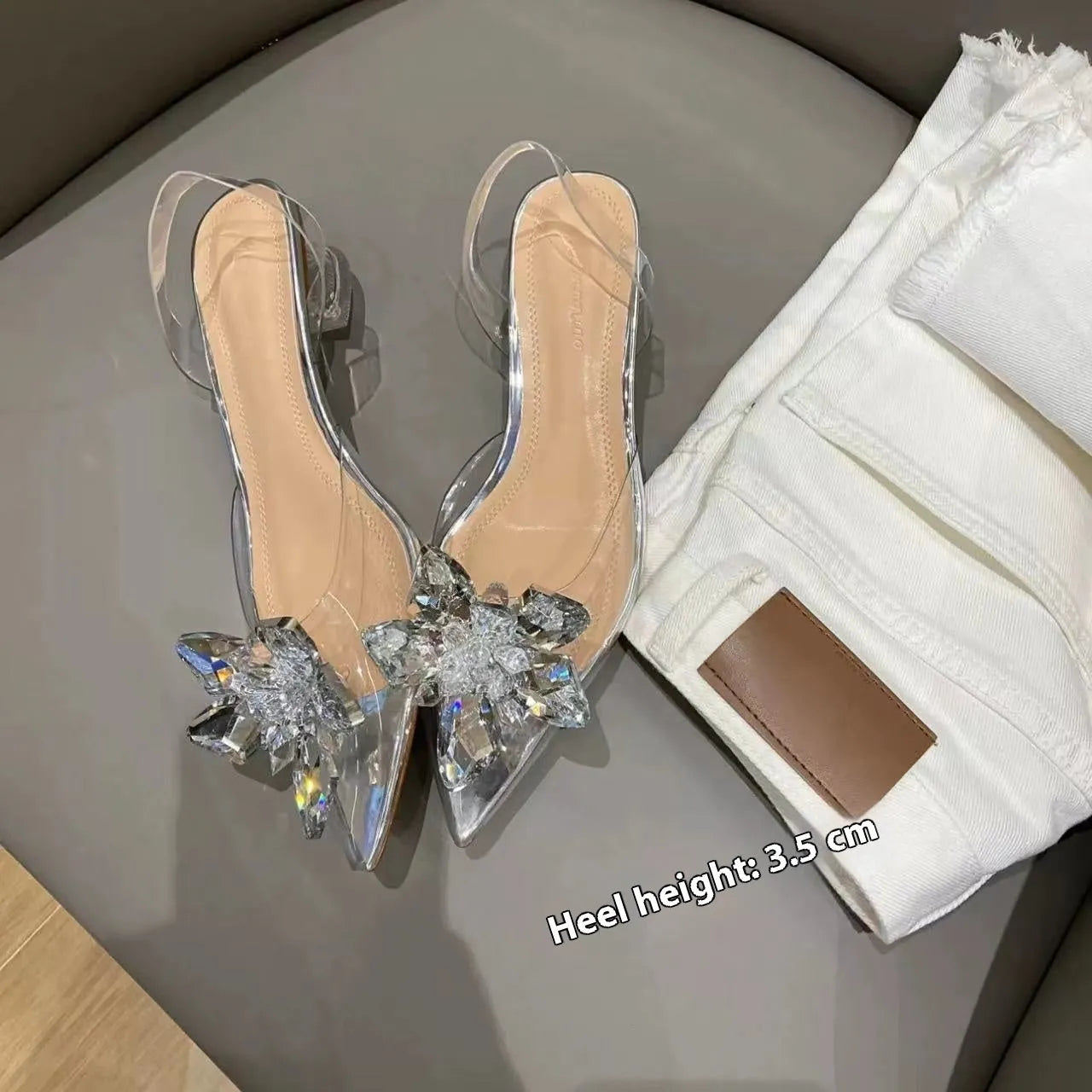 Women's transparent high heels with crystal flower decoration on microfiber, open toe design