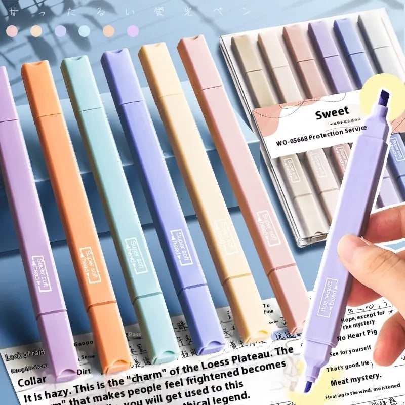 Set of double-headed fluorescent marking pens showing both highlighting and writing tips in mixed colours