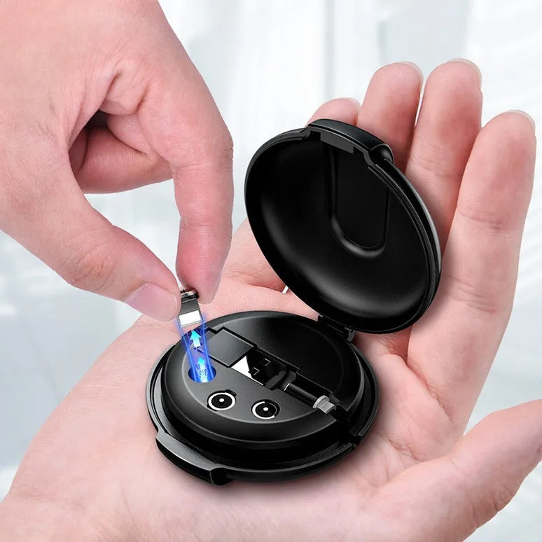 Black magnetic retractable style 3-in-1 charger with car mounting patch and retractable cable