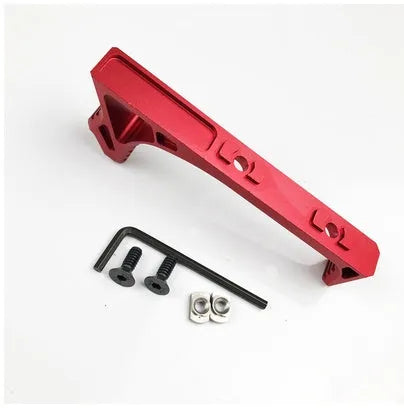 Metal hand stop foregrip for picatinny rails in black and red, shown with keymod and m-lok mounting variants.