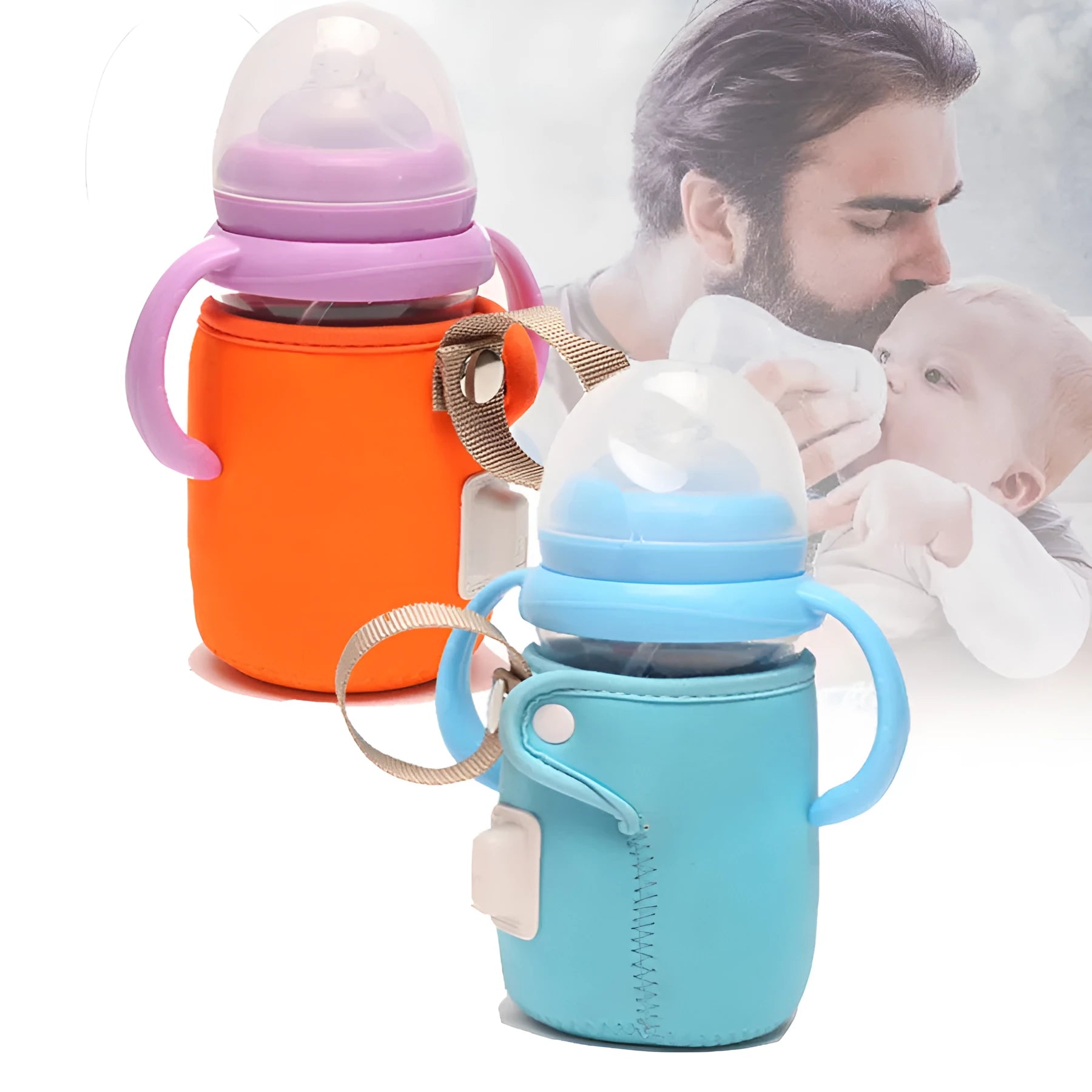 Orange and blue baby USB heated bottle warmer sleeve showing dimensions and USB connection