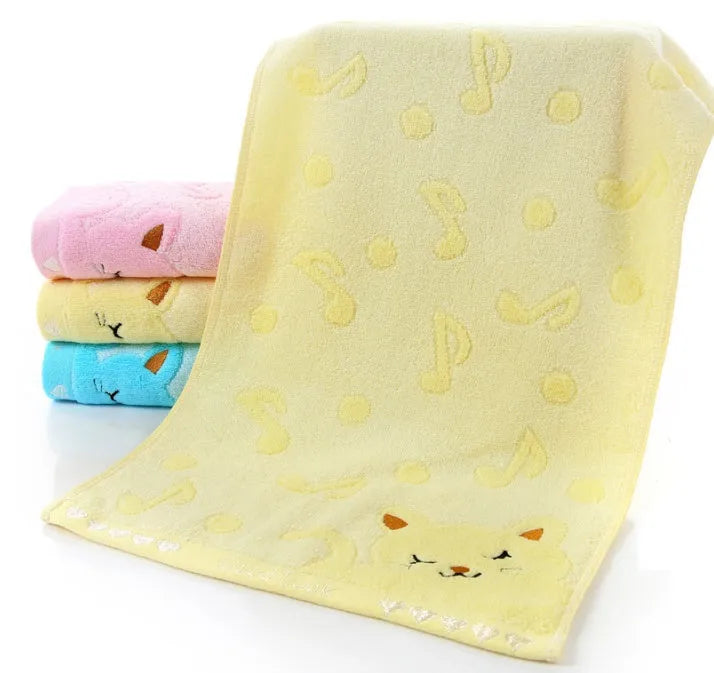 Bamboo fiber kitten face bath towels set of four colours blue green pink yellow 25x50cm