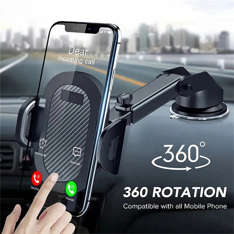 Black adjustable car phone holder for 4 to 7 inch smartphones mounted on car dashboard