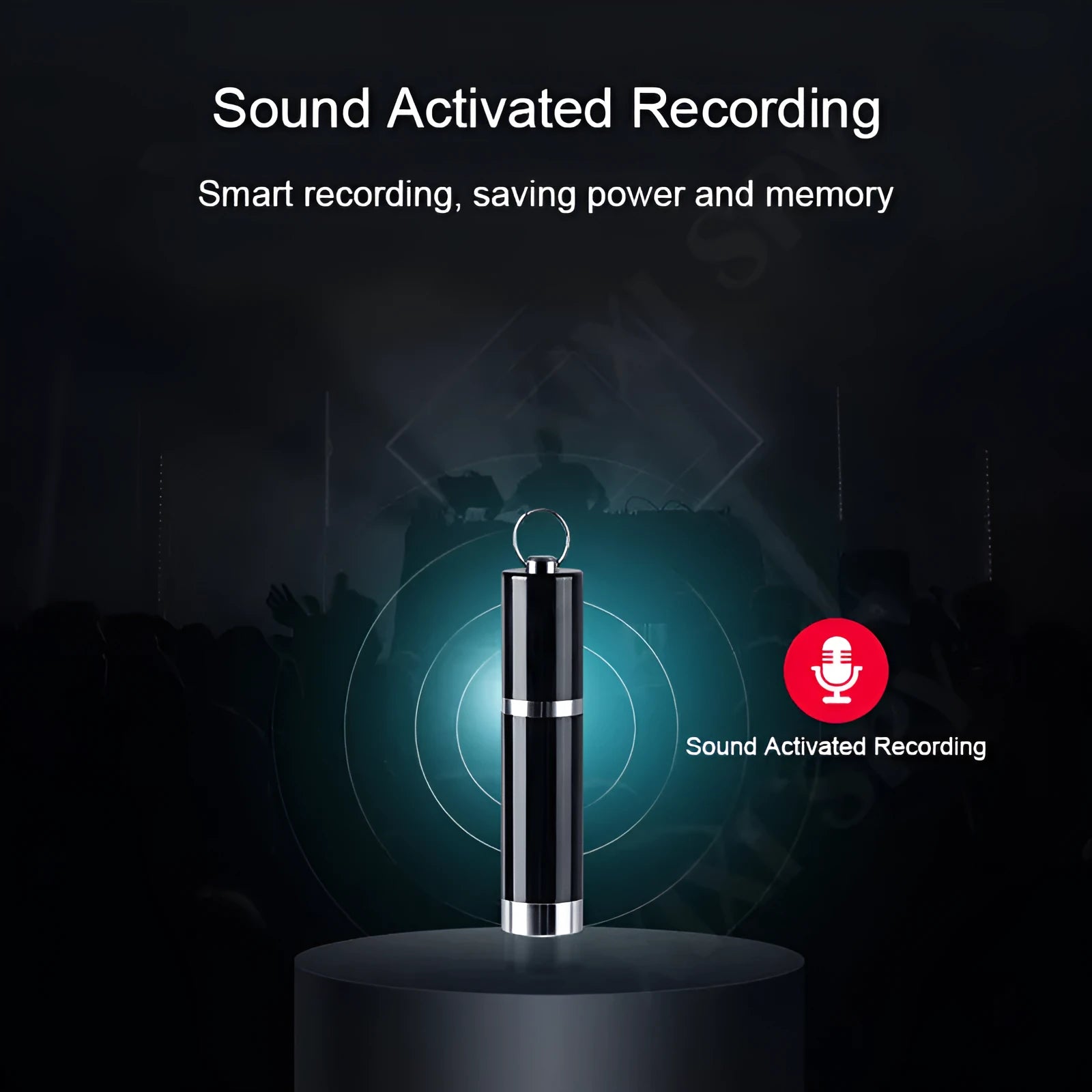 Black Amoi A1 digital voice recorder with metal shell on a surface, next to included headset.