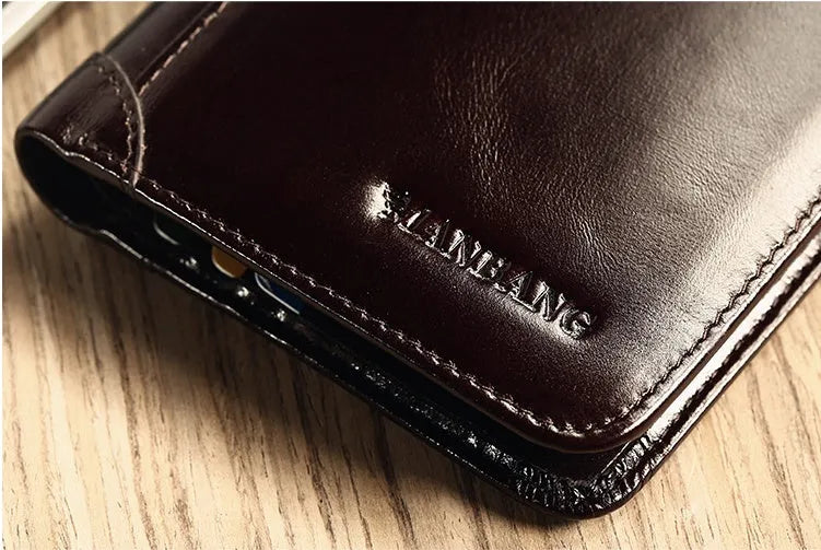 Men's brown leather bifold wallet open to show multiple card slots, a cash compartment, and a coin pocket.