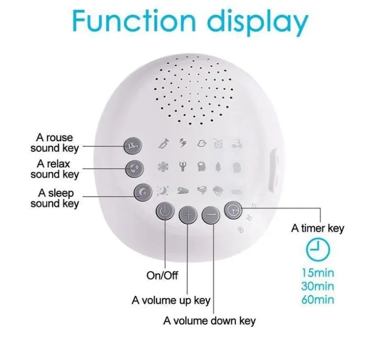 White noise machine with 9 sounds, timer, volume knob and USB cable, white colour, 16.5 x 16 x 6.3 cm