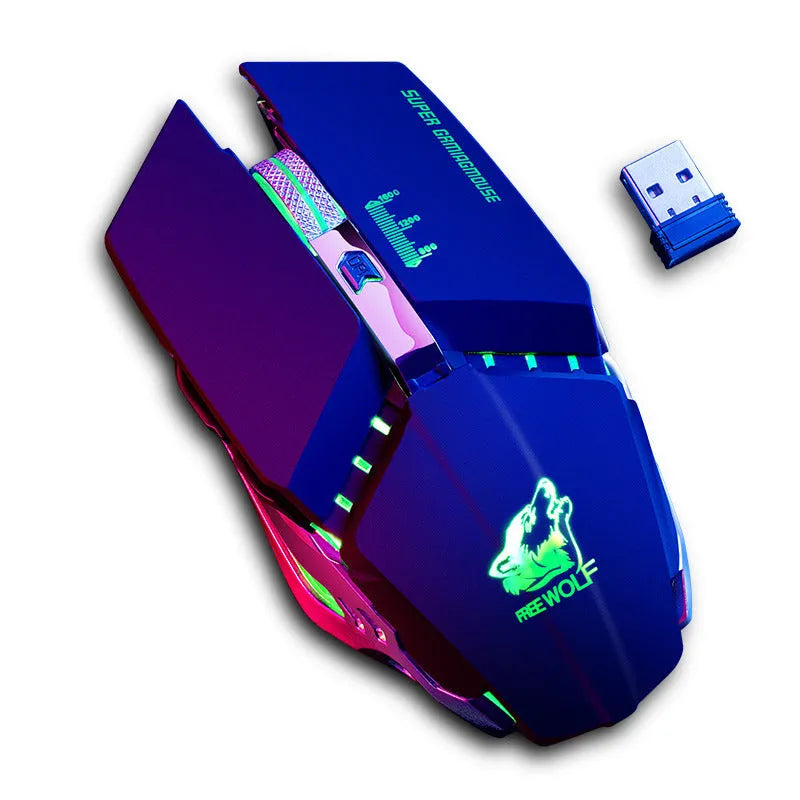 Rechargeable wireless gaming mouse in black colour with six buttons and scroll wheel.