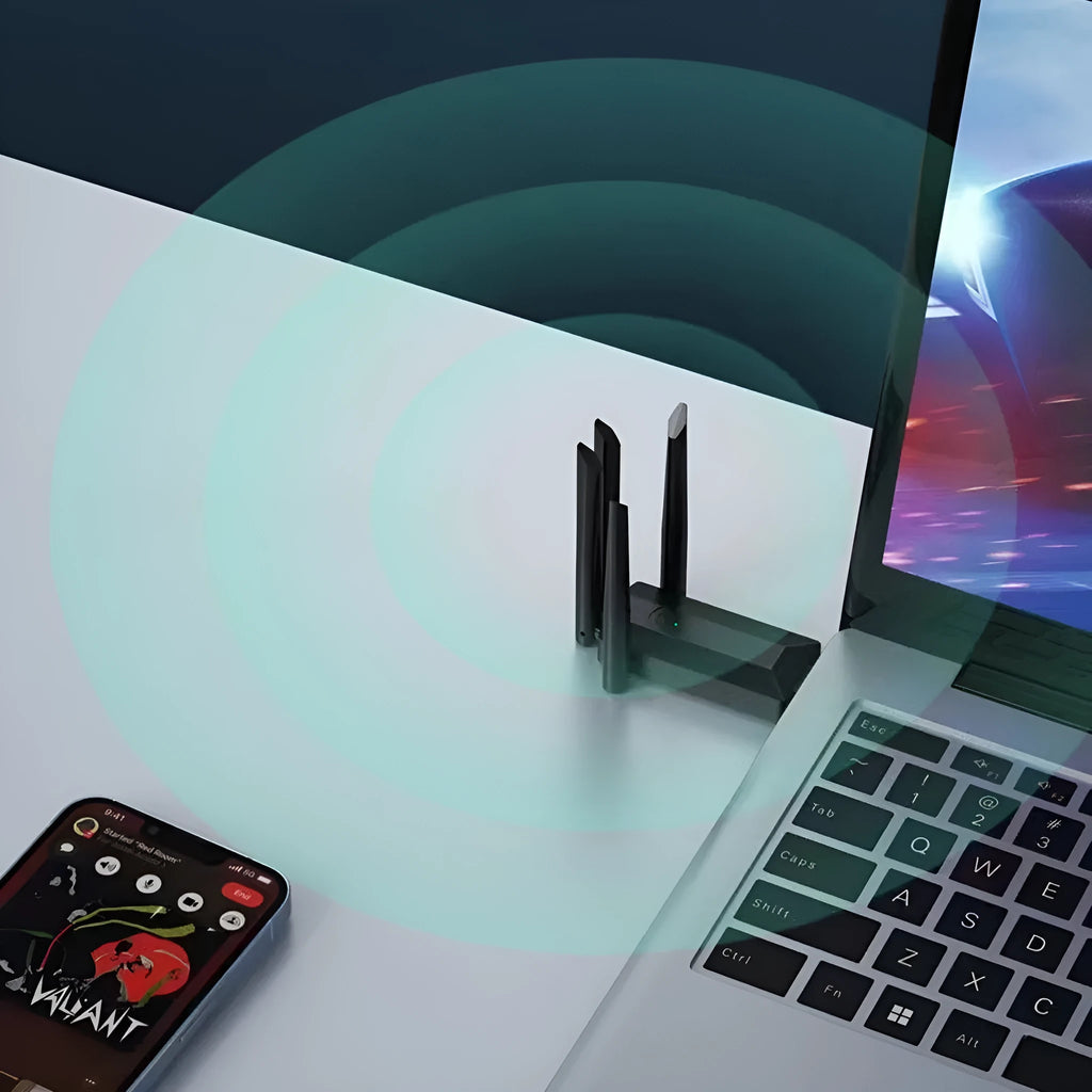 Black USB network transmitter with four antennas for computer wireless connectivity