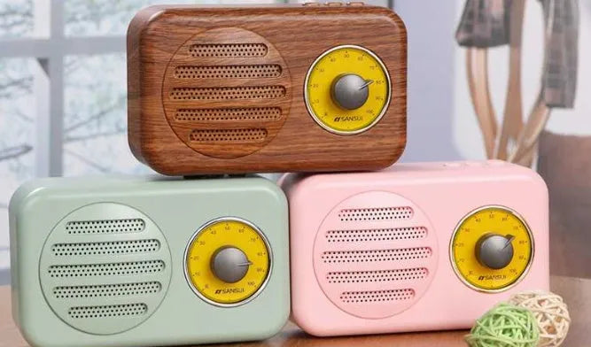 Portable Bluetooth speaker with FM radio in wood colour finish showing front speaker grille and control buttons