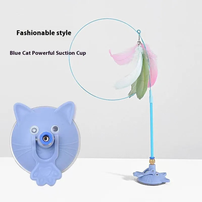 Plastic cat teaser toy with suction cup mount and dangling feather attachment