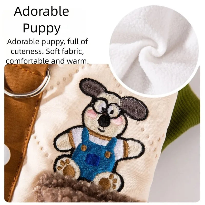 Warm thick Maillard pocket patch four-legged cotton coat for dogs in green, lying on a surface
