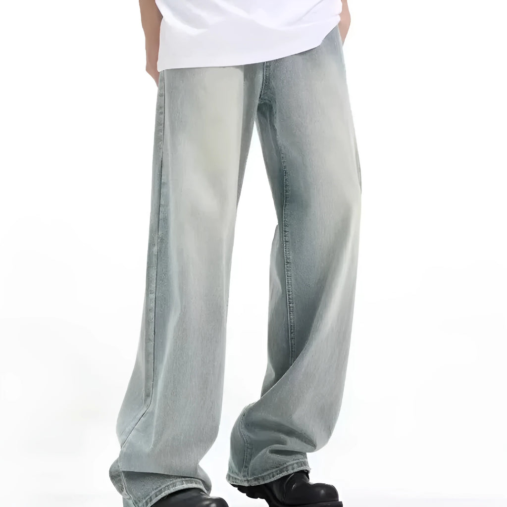 Casual blue retro-style loose trousers made from rabbit fur denim with an elastic fit.