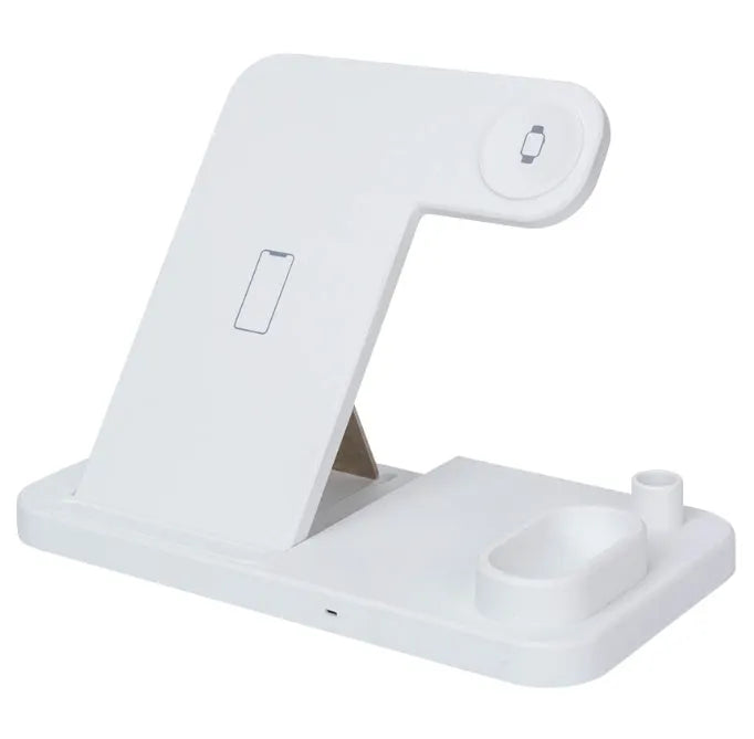 4-in-1 adjustable wireless charging station charging a phone, Apple Watch, and AirPods.