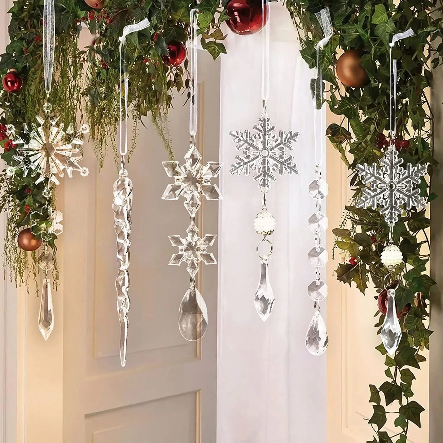 Ten transparent acrylic ice cone Christmas ornaments with hanging ribbon