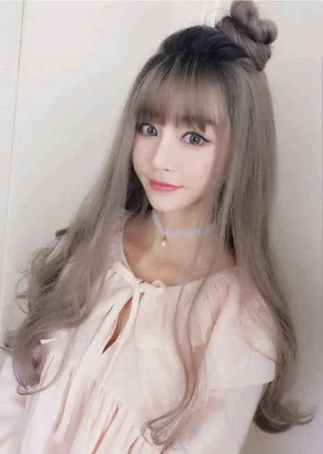 Long curly wig with air bangs, big wavy pear flower style, 62cm high temperature wire fibre, women's headgear
