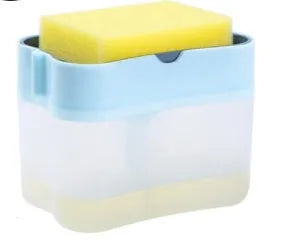A grey plastic soap dispenser with a pump top on a kitchen countertop