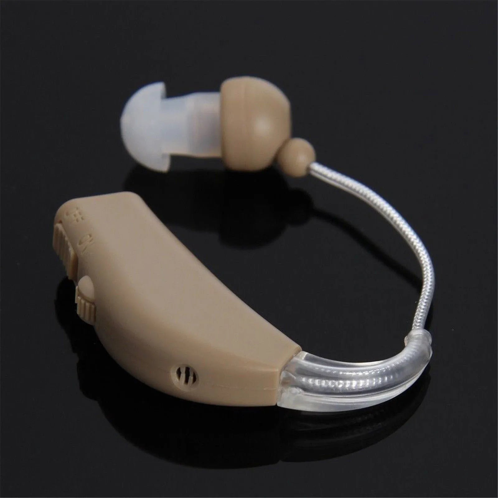 Rechargeable behind-the-ear digital hearing aid amplifier with mini design and plastic housing.