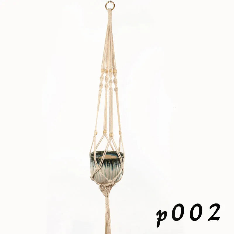 Woven wire plant hanger bracket with cotton rope, shown in a rustic style suitable for wall mounting.