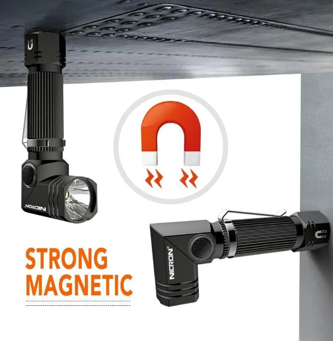 Hands-free LED flashlight in grey black with 1200 lumens, aircraft grade aluminium body, 360° rotary clip, and high-strength magnet
