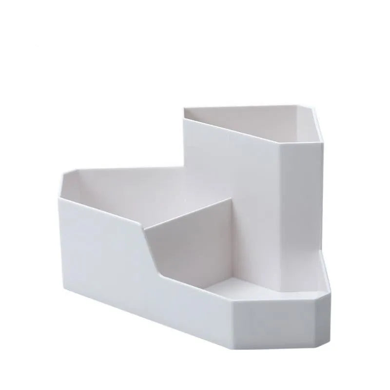 Multi-grid corner storage box in grey, made from ABS material, with distinct high and low compartments