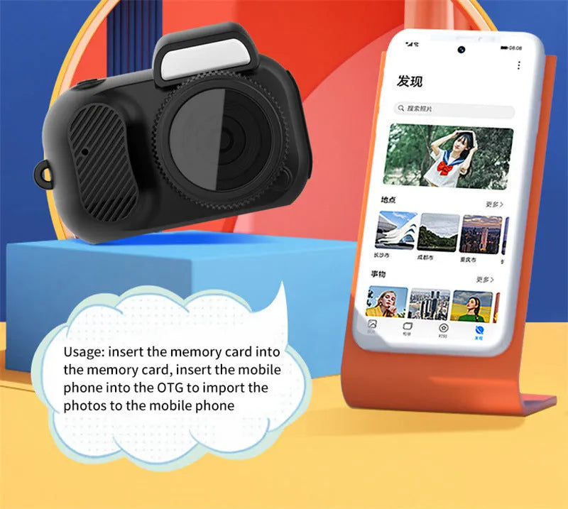 Black retro-style mini digital video camera with a built-in LCD screen on the back.