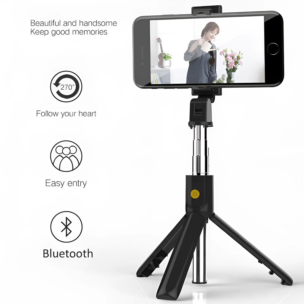 Bluetooth selfie stick tripod folded at 195mm in A White colour, compatible with iPhone Android and Huawei smartphones