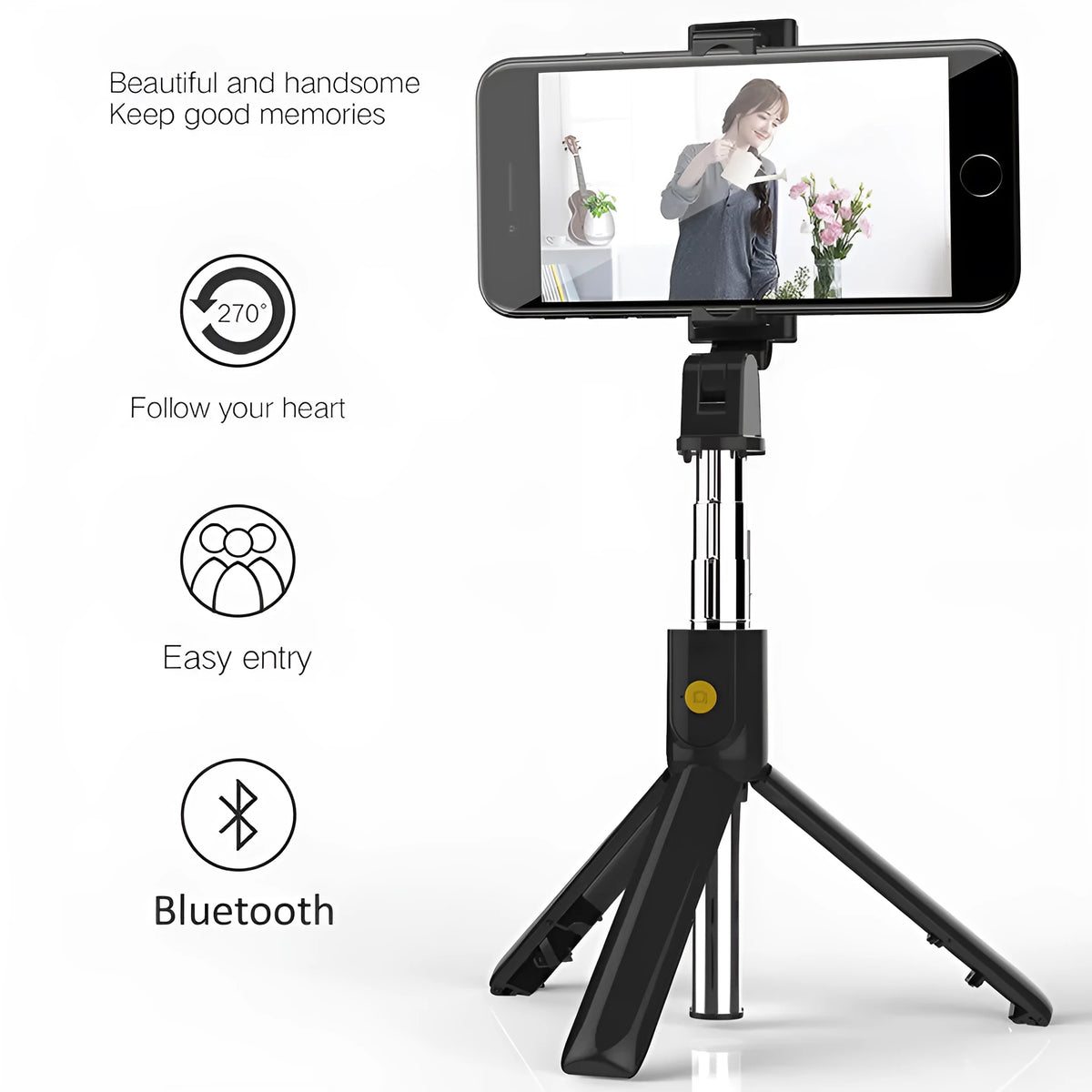 Bluetooth selfie stick tripod folded at 195mm in A White colour, compatible with iPhone Android and Huawei smartphones