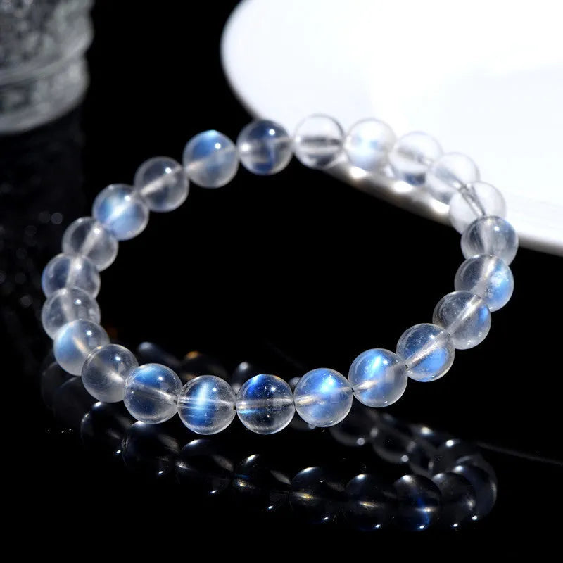 Natural cream crystal Blue Moonlight bracelet with various bead size options on a wrist.