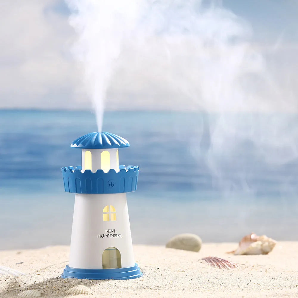 Home lighthouse humidifier in green with USB night light and ultrasonic mist, 80mm