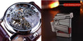 Men's automatic mechanical watch with 4cm dial and leather strap on a grey background